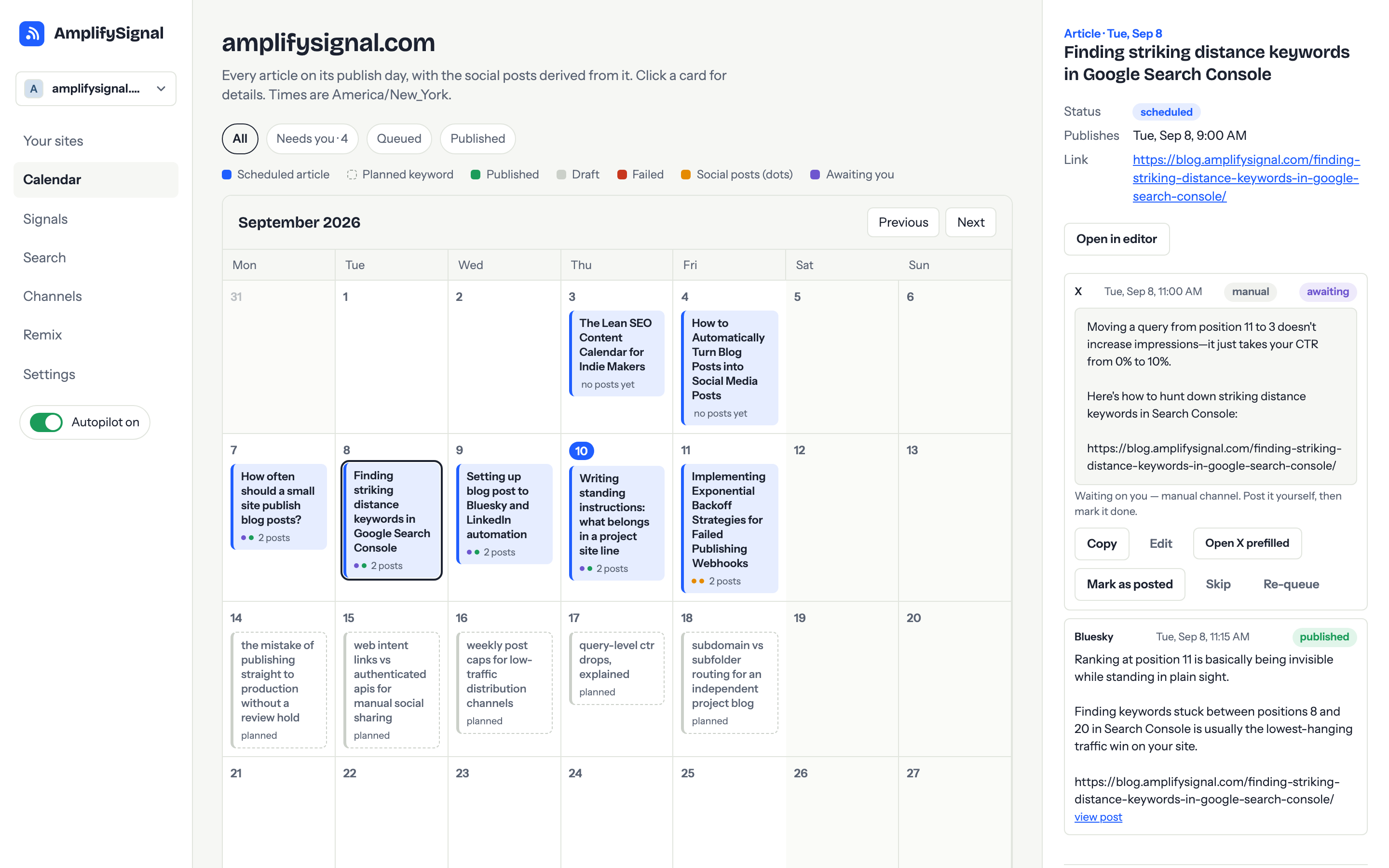 The AmplifySignal calendar for September: article cards on publish days, each with the social posts derived from it and their status